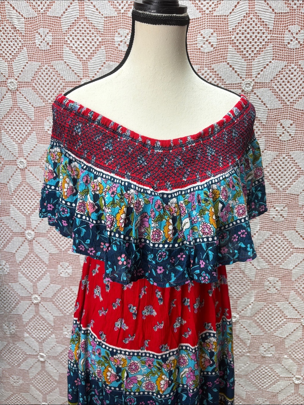 Patrons of Peace Boho Floral Off Shoulder Smocked Midi Dress S